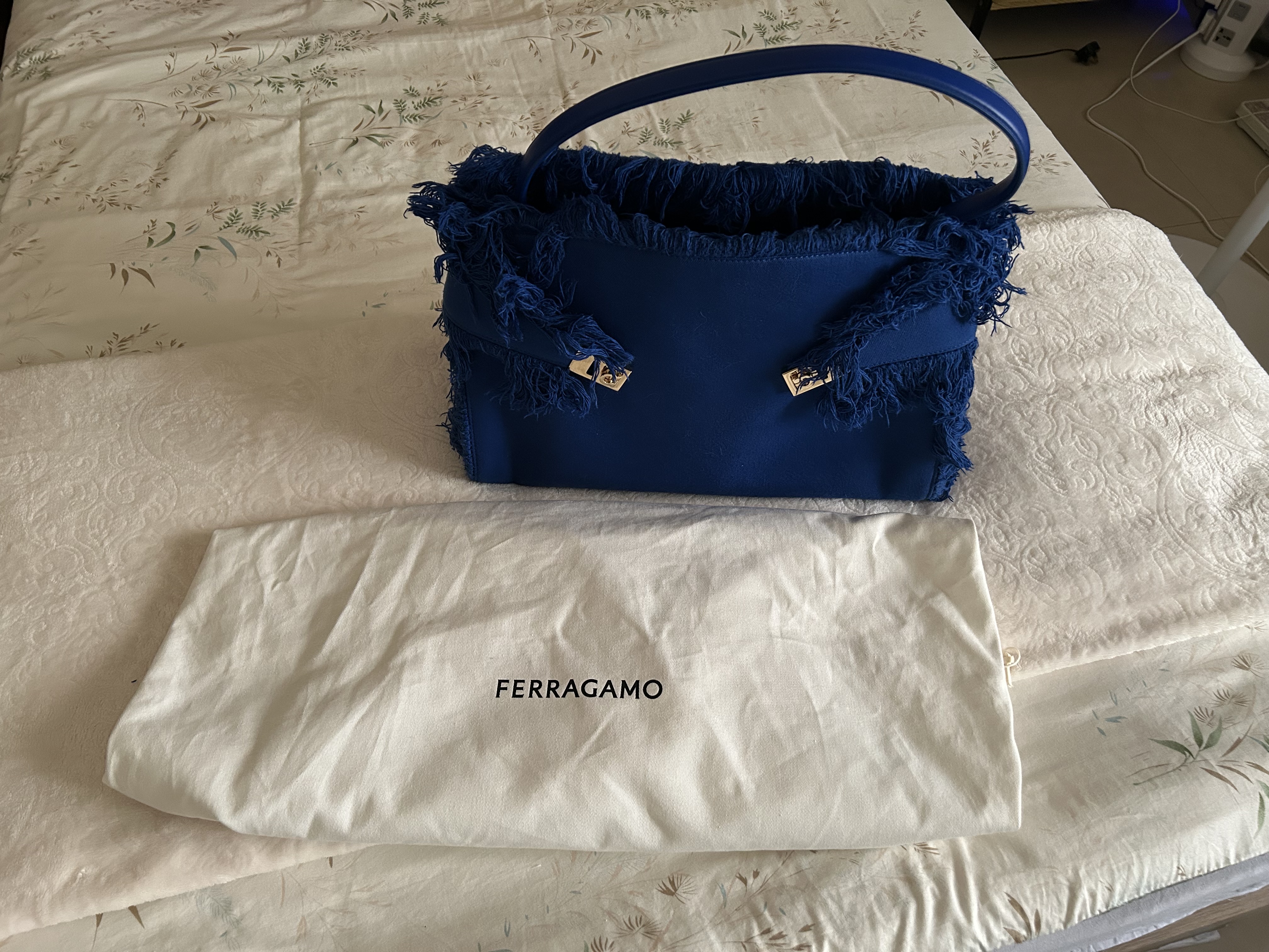 Salvatore Ferragamo — Ferragamo Blue Fringed Fabric Tote Bag (New with tags)