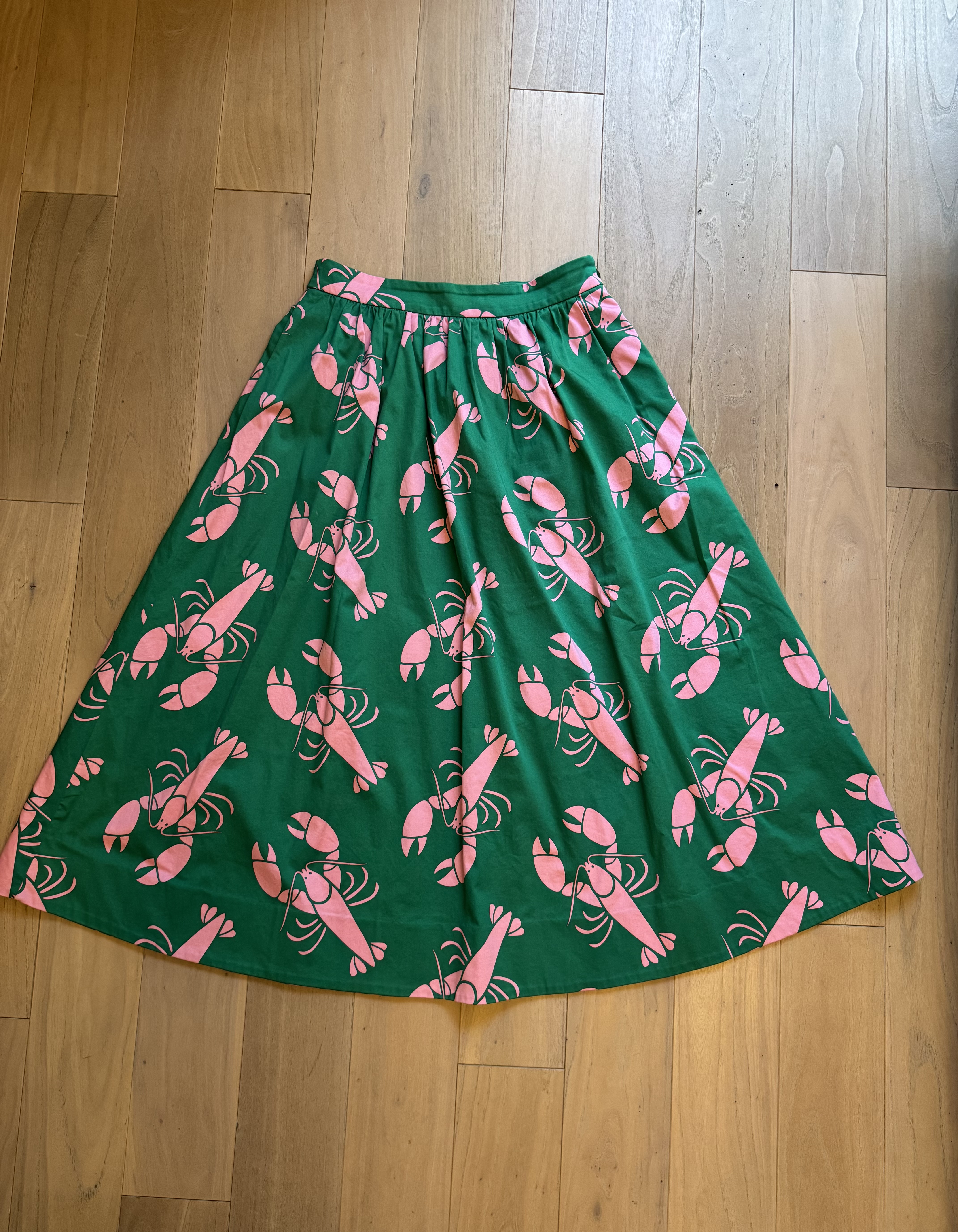 Boden — Green A-Line Skirt with Pink Lobster Print (Good)
