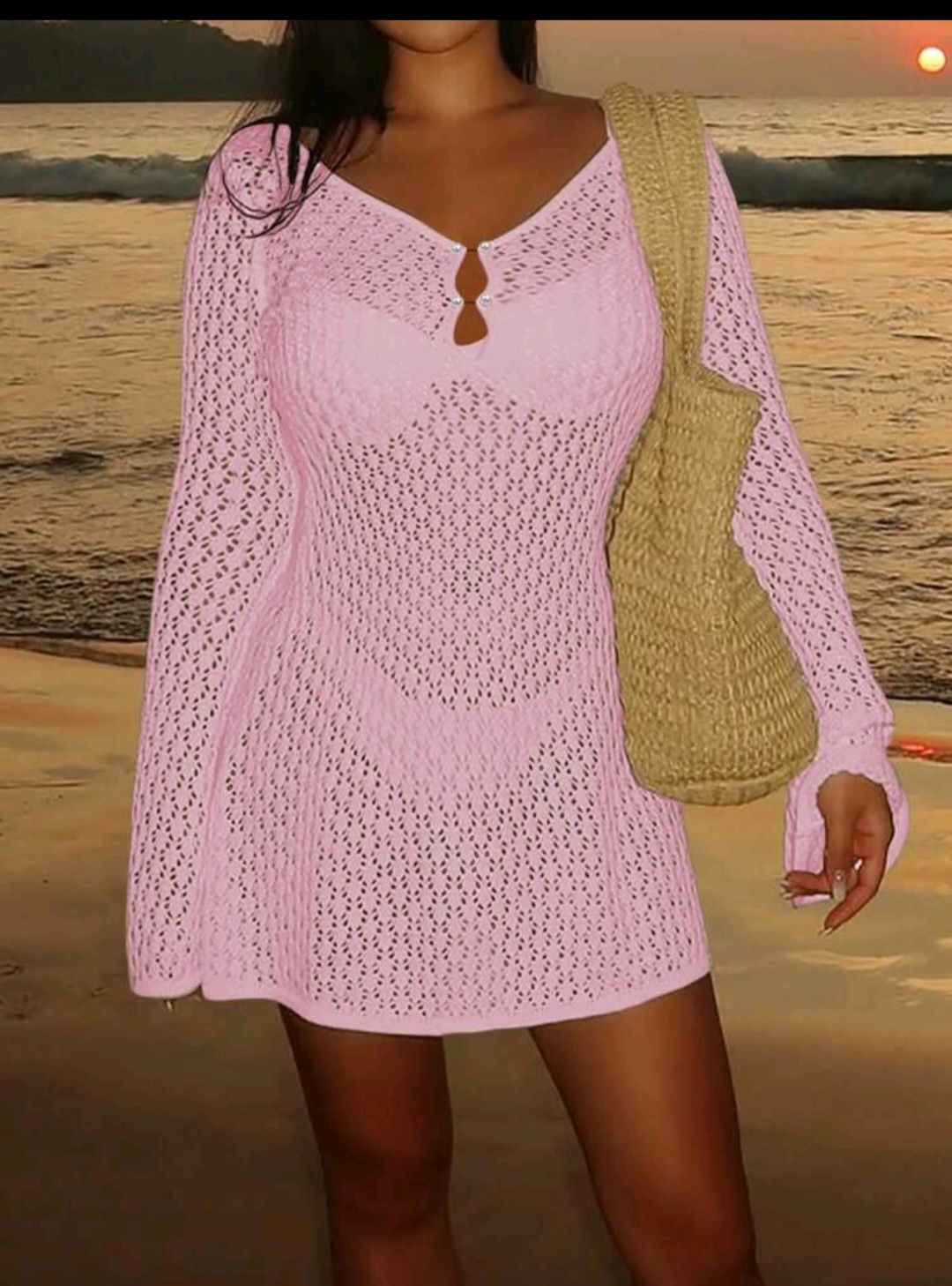 & Other Stories — Pink Crochet Knit Beach Mini Dress (Size S, Like new)