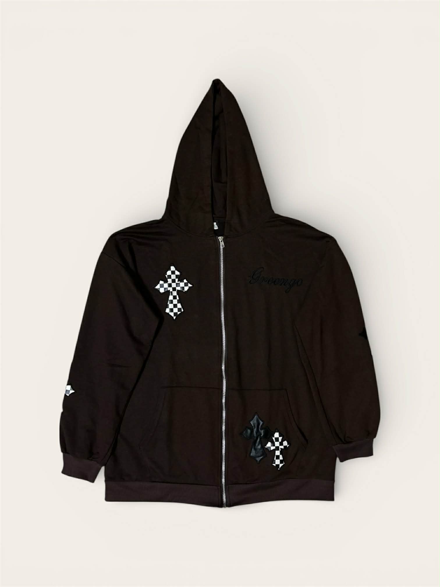 Unbranded — Brown Gothic Cross Patch Zip-Up (المقاس M, جيد)