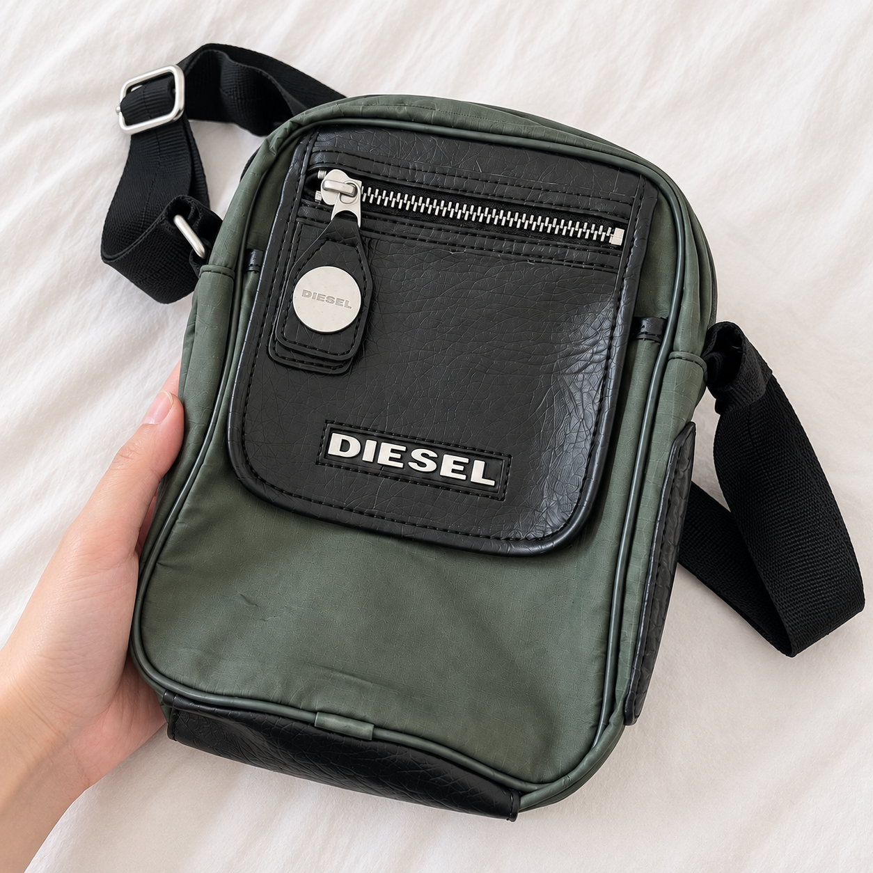 Diesel — Diesel Men's Utility Bag  8.5” x 7”  olive nylon body with black leather (Good)