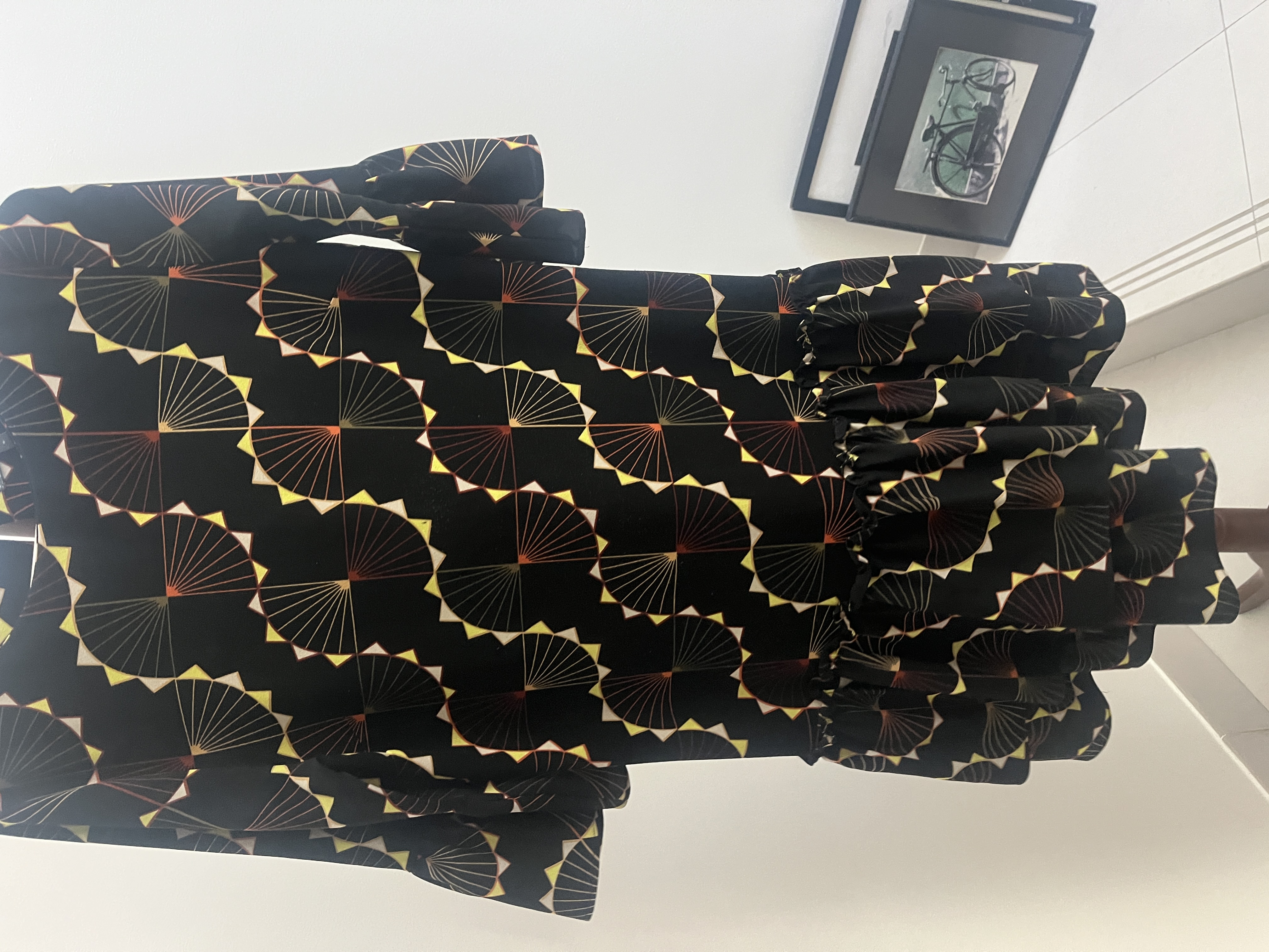 Next — Black Art Deco Fan Print Ruffled Dress (Good)
