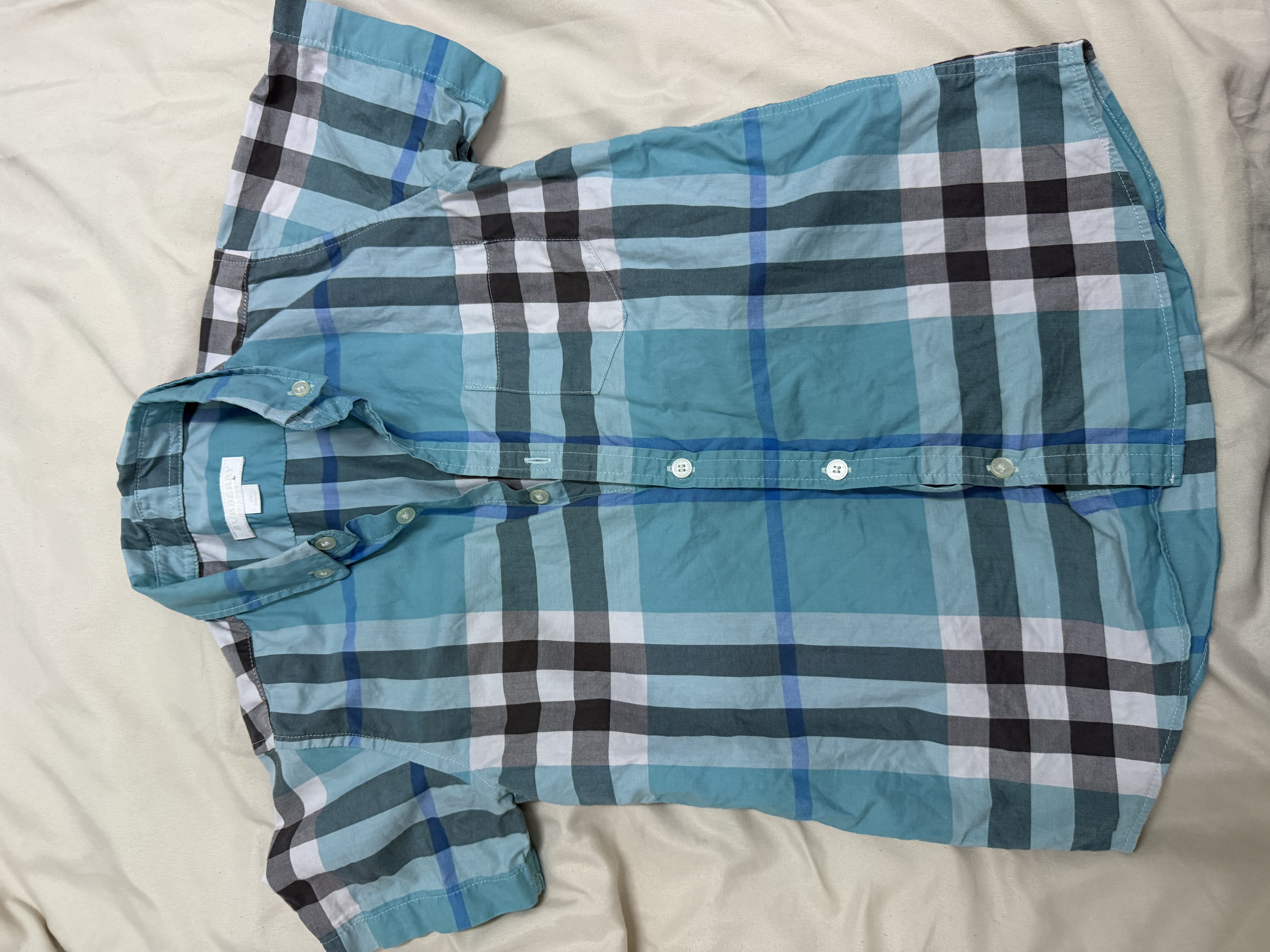 Burberry — 2 Burberry Blue and Yellow Check Short Sleeve Shirt (Size 5-10 Y, Like new)